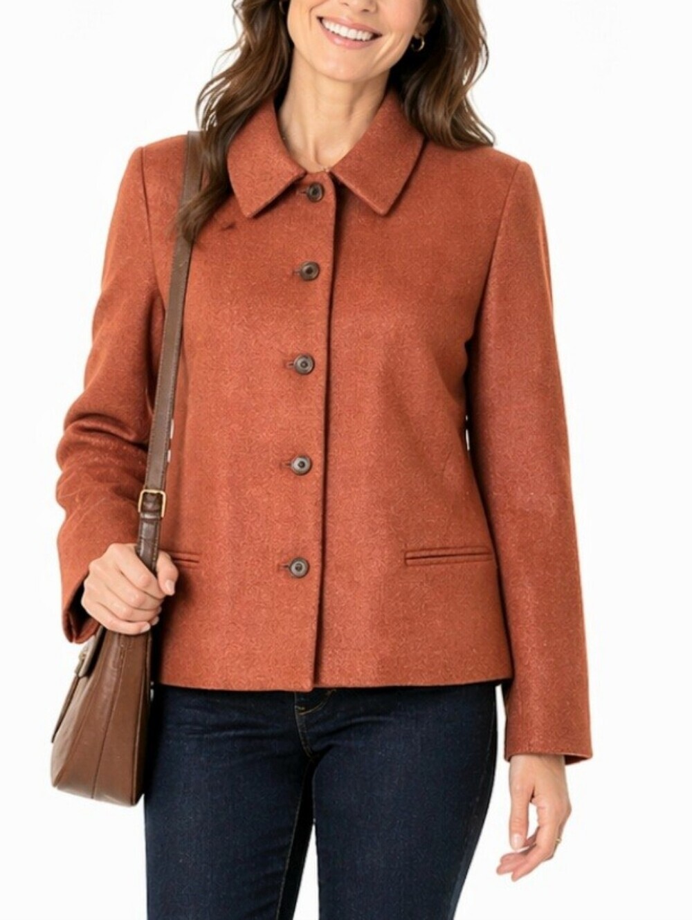 Lands End 100% Wool Tweed Burnt Orange Button Front Jacket Blazer
